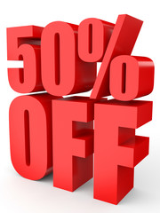 Discount 50 percent off. 3D illustration on white background.