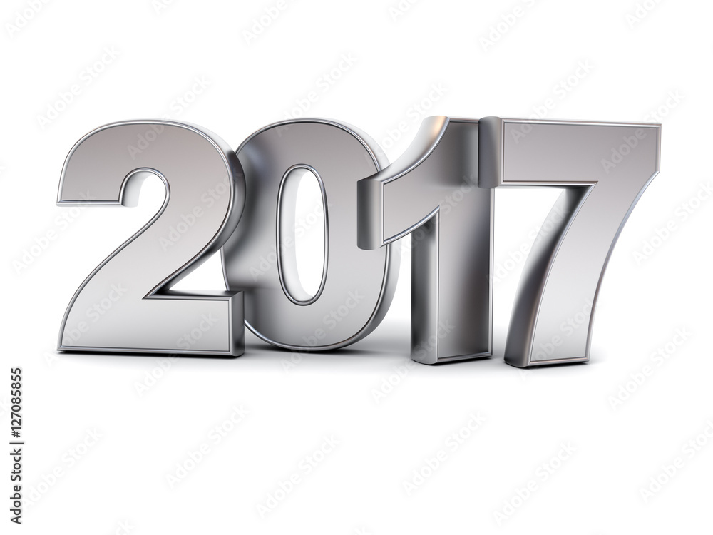 Poster Happy new year 2017 3D metal text isolated over white background with reflection and shadow 3D rendering