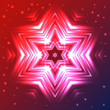 Glow snowflake on red and blue gradient background with sparkles