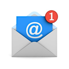 E mail notification one new email message in the inbox concept isolated on white background with shadow 3D rendering
