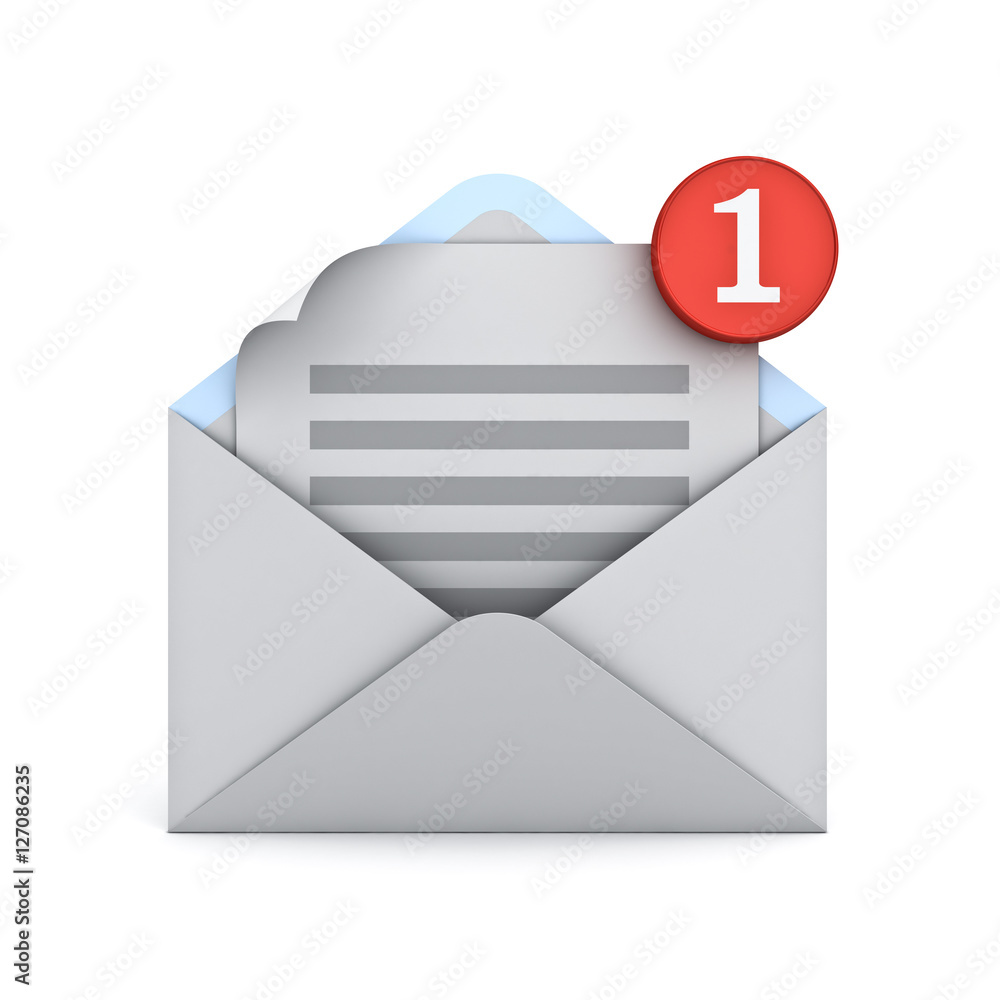 Aufkleber Email notification one new email message in the inbox concept isolated on white background with shadow 3D rendering