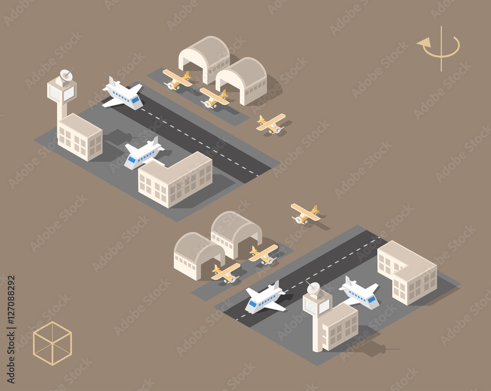 Poster set of isolated isometric minimal city elements. airport with shadows on dark background.