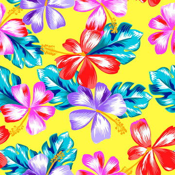 colorful tropical hibiscus print - seamless background