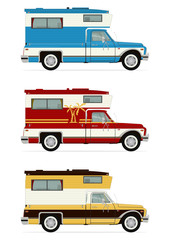 Side view of three retro pick up campers. Flat vector.