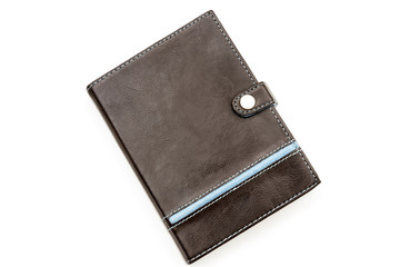 Retro styled brown leather notebook with blue stiching and strip