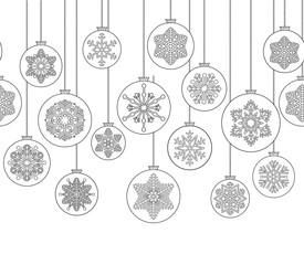 Christmas background with Ball Doodle Decor Elements. Happy Winter Holiday seamless border pattern