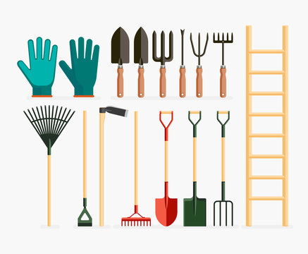 Set of garden tools and gardening items. Vector illustration fla