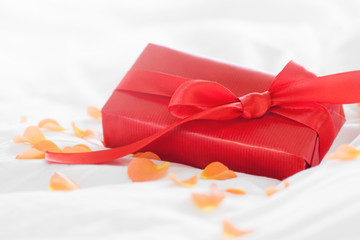 Beautiful colorful pretty gift or present in a red paper with re