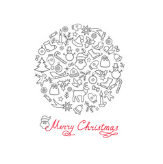 Christmas Holiday greeting card background with Ball, Christmas icons, Handwritten lettering Merry Christmas