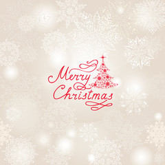 Fototapeta na wymiar Christmas Holiday background with Snow flakes, Christmas tree, Handwritten lettering Merry Christmas