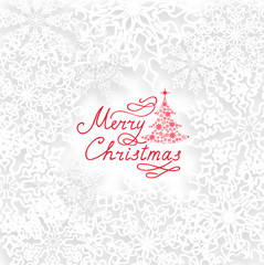 Christmas Snowflake background with New Year Tree, Snow and Handwritten Greeting Lettering MERRY CHRISTMAS