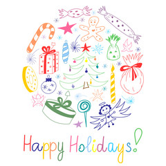 Happy Holidays! Colorful Hand Drawn Funny Doodle Holiday Set with Candies,  Gifts, Candle, Fir Trees, Angel, Stars. Children Drawings Arranged in a Circle. Perfect for festive design. Vector.
