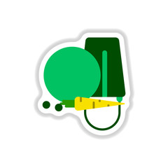 Vector illustration in paper sticker style Snowman head with carrot and bucket