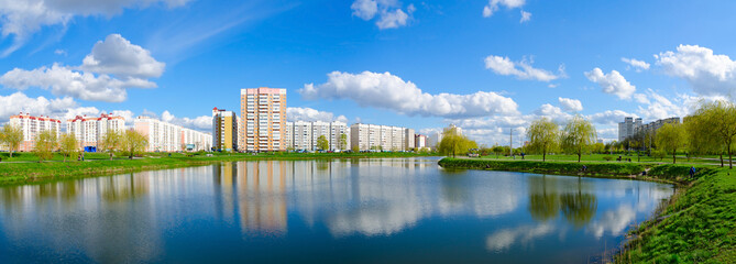 Residential buildings in recreation area with cascade of lakes, Gomel, Belarus