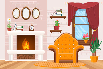 Home lounge interior with photo frames, warm fireplace and armchair vector illustration