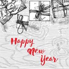 Happy New Year. Greeting card with calligraphy. Hand drawn design elements with hand written modern brush lettering.