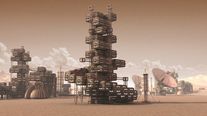 Fototapeta premium 3D Illustration of a scientific settlement on an arid red planet with architectural structures, research crates and communication satellite dishes for planetary and space exploration backgrounds.