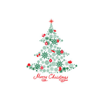 Merry Christmas background with New Year Tree, Snow and Handwritten Greeting lettering