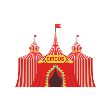 Circus Temporary Tent In Stripy Red Cloth With Flags And Entrance Sign