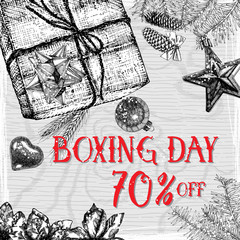 Boxing day 70 percent off Christmas Sale marketing template. Calligraphy on holiday background.