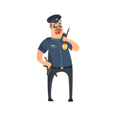 Policeman In American Cop Uniform With Truncheon, Radio, Gun Holster And Sunglasses Speaking To Walkie-Talkie