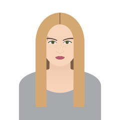 Portrait of a teenage girl with long blond hair, green eyes, freckles and piercing. Vector illustration