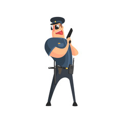 Obraz premium Policeman In American Cop Uniform With Truncheon, Radio, Gun Holster And Sunglasses Holding Pistol And Calling For Cover
