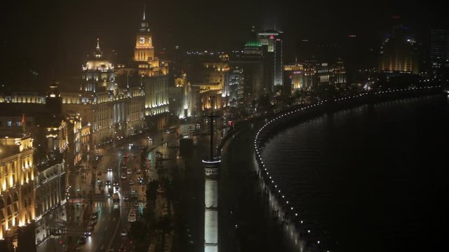 WS HA View of The Bund and Huangpu River at night / Shanghai, China