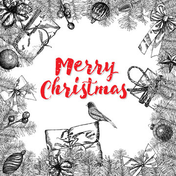 Merry Christmas greeting card with traditional decorations and calligraphic lettering.