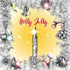 Holly Jolly calligraphy phrase in frame with various hanging Christmas ornaments such as Christmas bauble, heart, present, gift box, cone, toys, lights and fir tree branches with bows. 