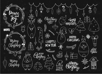 Set of Christmas and New Year doodle holiday characters and elements. Funny cute design.
