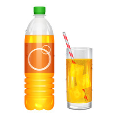 Glass of soda with ice cubes and soda in bottle. Vector