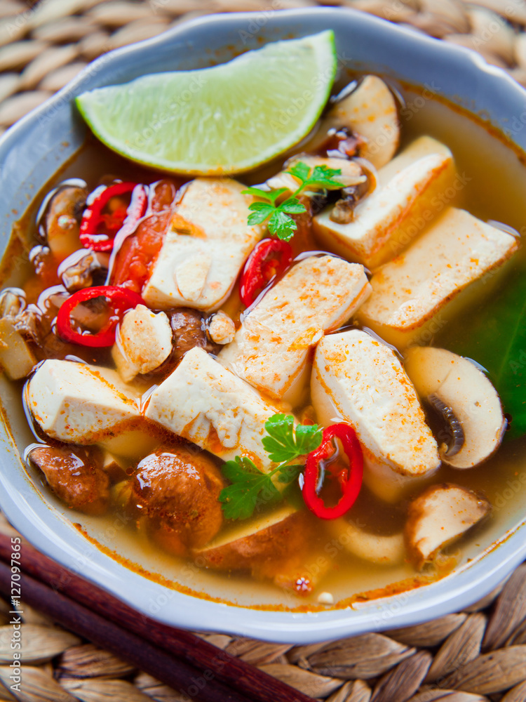 Sticker Vegan Asian delicious soup with tofu and mushrooms.