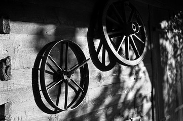 Vintage wheels on a wooden wall