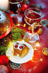 Christmas table setting. Bundt cake sprinkled with sugar powder