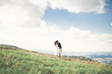 Obraz premium Beautiful wedding couple, bride and groom, in love on the background of mountains