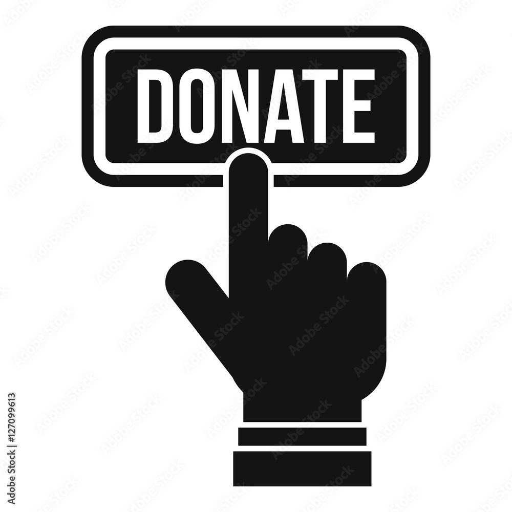 Poster hand presses button to donate icon. simple illustration of hand presses button to donate vector icon