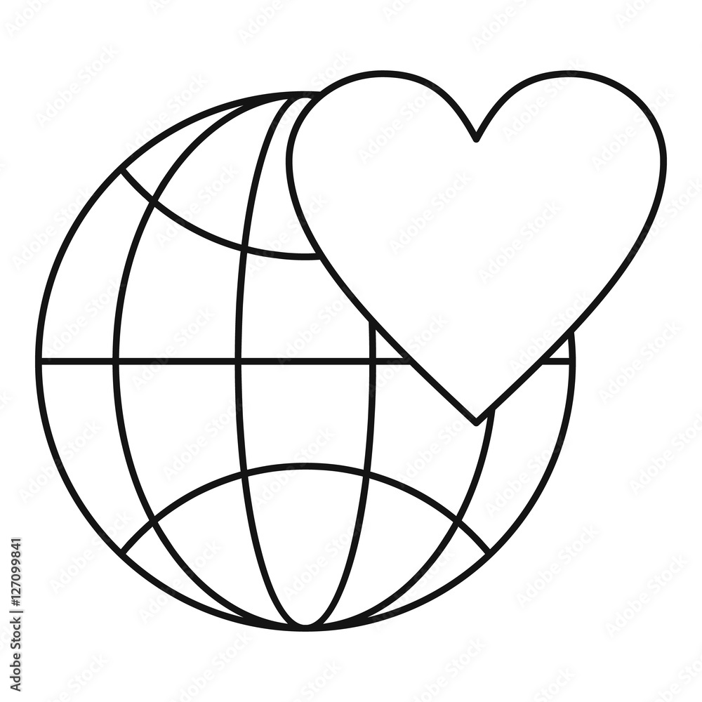 Poster earth world globe with heart icon. outline illustration of globe with heart vector icon for web desi
