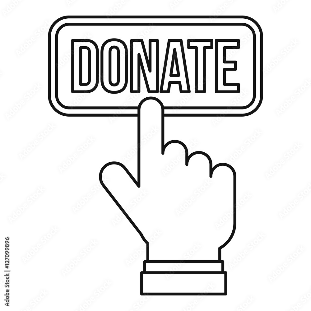 Poster hand presses button to donate icon. outline illustration of hand presses button to donate vector ico