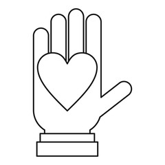 Hand with heart icon. Outline illustration of hand with heart vector icon for web design