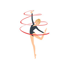 Professional Rhythmic Gymnastics Sportswoman In Black Long Sleeve Leotard Performing An Element With Ribbon Apparatus