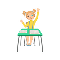 Schoolgirl Sitting Behind The Desk In School Class Raising Hand Wanting To Answer Illustration, Part Of Scholars Studying Vector Collection.