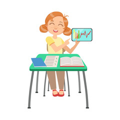 Schoolgirl Sitting Behind The Desk In School Class Showing Chart On Screen Of The Tablet Illustration, Part Of Scholars Studying Vector Collection.