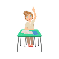 Fototapeta premium Know-it-all Schoolgirl Sitting Behind The Desk In School Class Illustration, Part Of Scholars Studying Vector Collection.