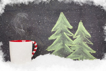 Christmas hot drink and hand drawn xmas fir tree
