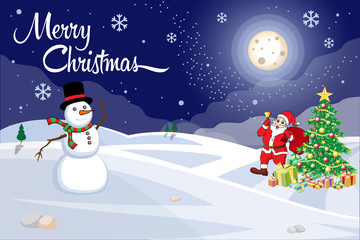 Merry Christmas night greeting card. Funny Santa, snowman, tree, and gift box vector illustration. 