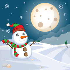 Snowman in a full moon night background vector illustration