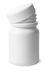Single plastic bottle with cover removed for pills