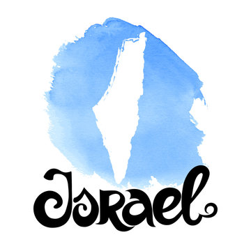 Israel. Vector blue watercolor background with lettering and map.
