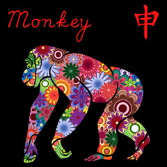 Chinese Zodiac Sign Monkey with colorful flowers